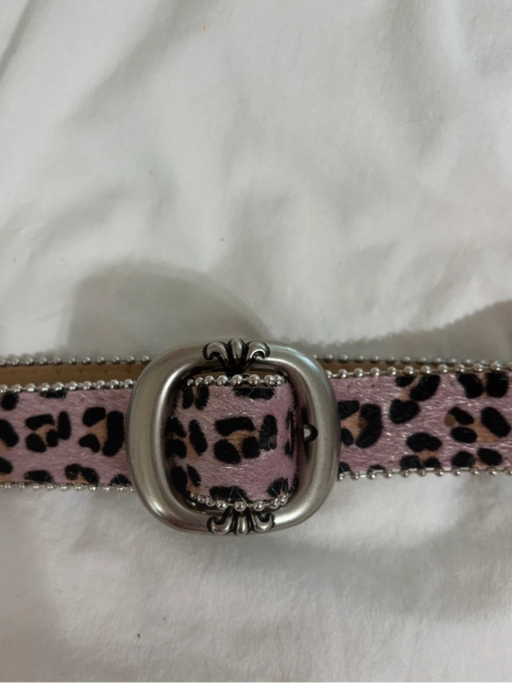 Pink Leopard Print Belt with Decorative Silver Buckle